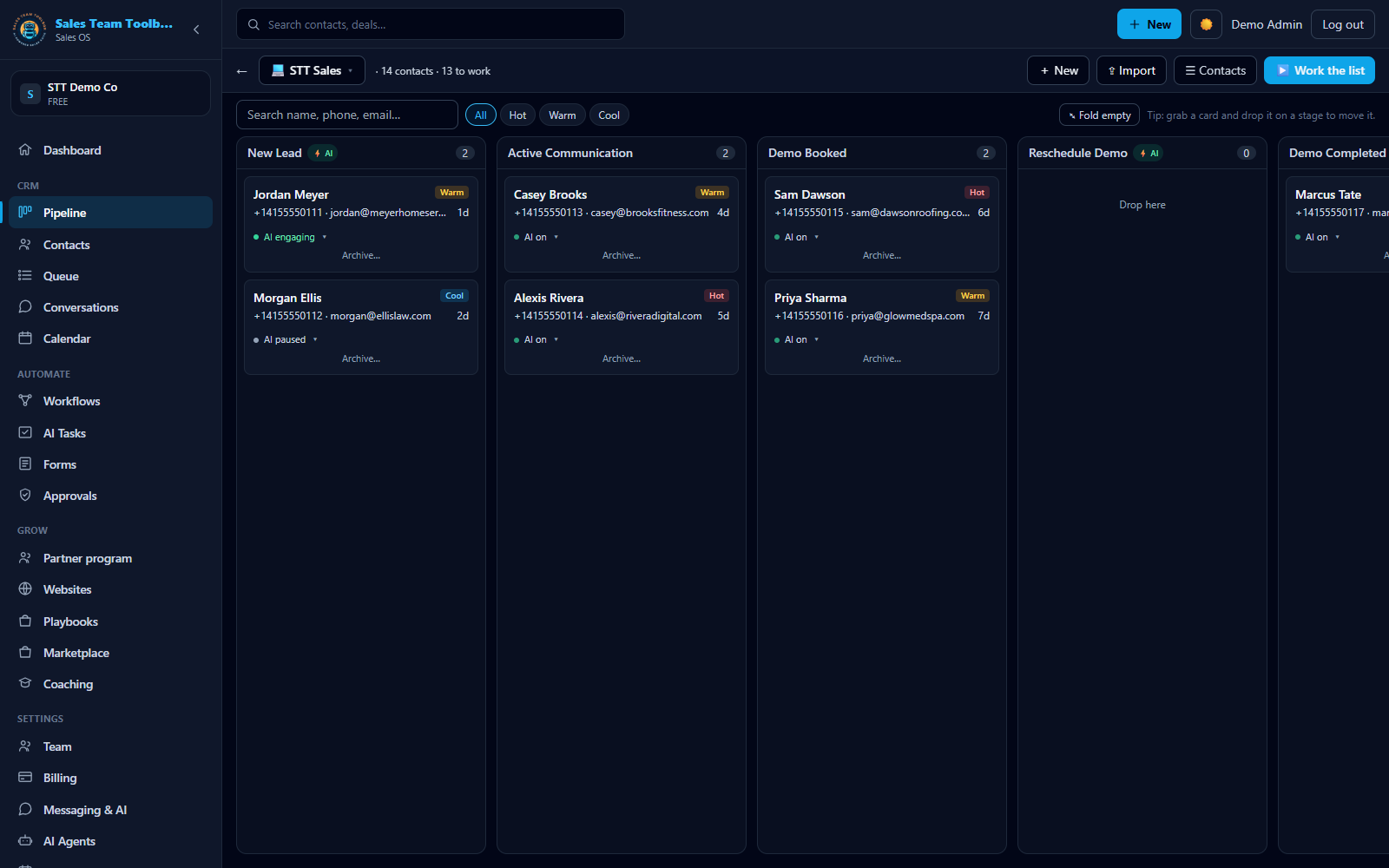 The Thinking CRM pipeline board with deals across stages