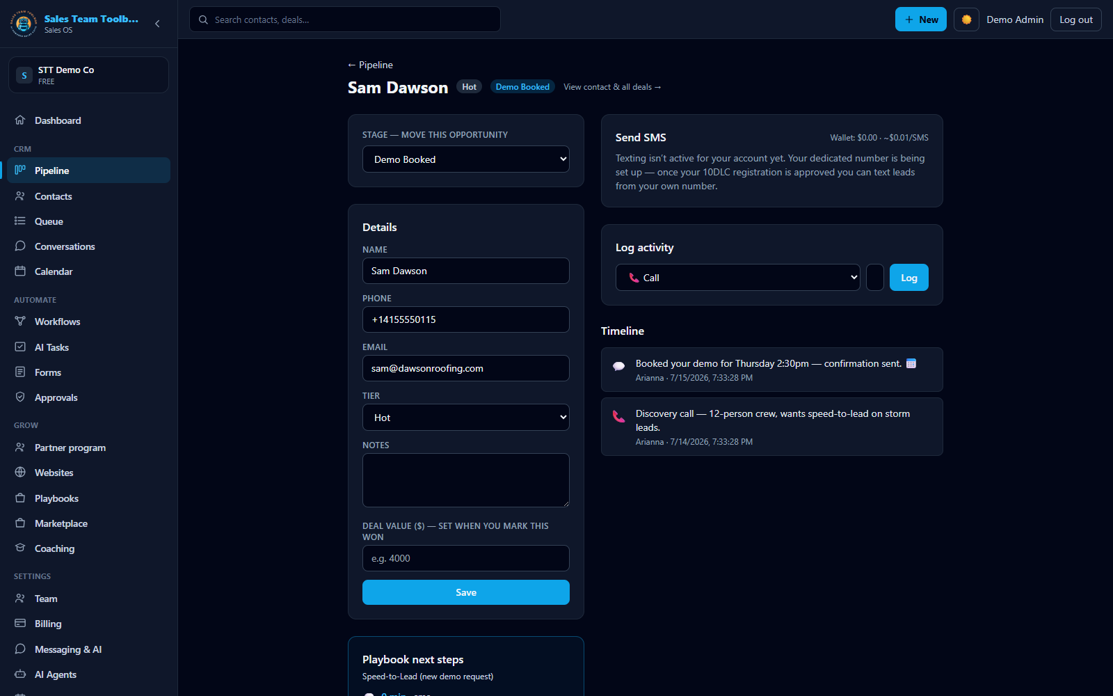 An opportunity's detail view with its timeline and quick actions
