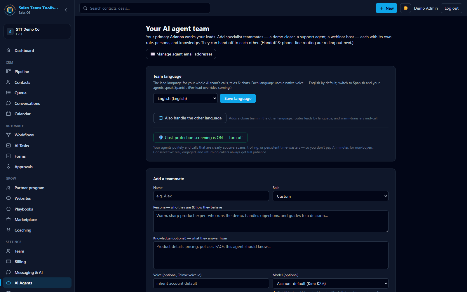 The AI Agent team settings