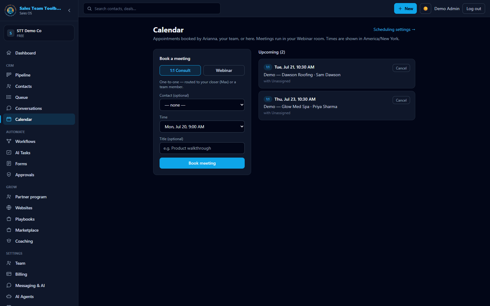 The calendar with booked appointments