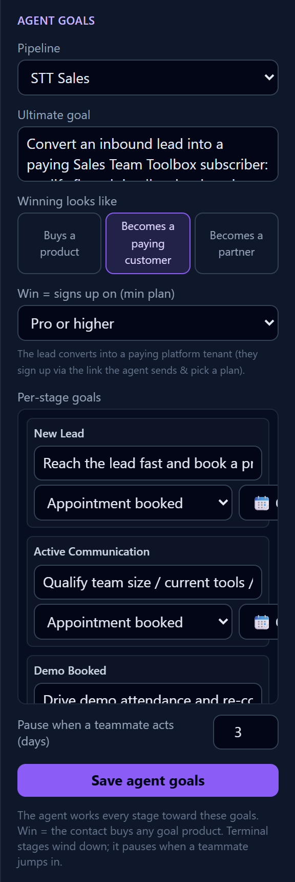 The Agent Goals panel in the Sales Team Toolbox workflow canvas: the pipeline bound to &ldquo;STT Sales&rdquo;, an ultimate goal of converting an inbound lead into a paying subscriber, a &ldquo;Winning looks like&rdquo; selector, then per-stage goals for New Lead, Active Communication and Demo Booked &mdash; each with its own done signal and who bookings go to &mdash; a &ldquo;pause when a teammate acts&rdquo; setting of 3 days, and a Save agent goals button